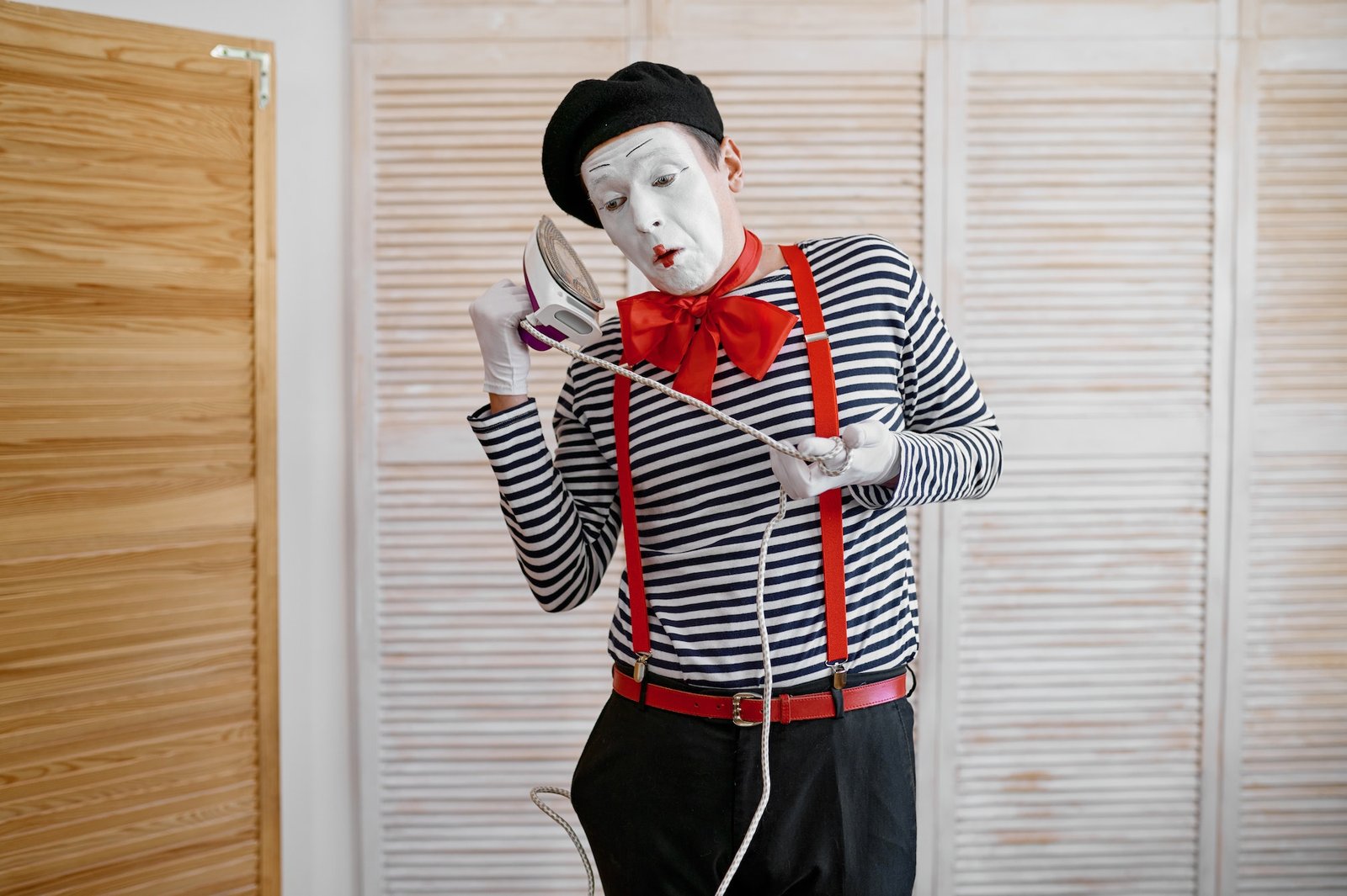 Mime artist with an iron, phone parody, comedy